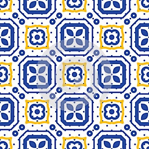 Blue and white mediterranean seamless ceramic tile pattern.