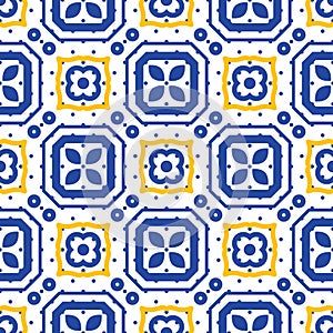 Blue and white mediterranean seamless ceramic tile pattern.