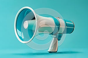Blue and white megaphone on turquoise background. Generative AI