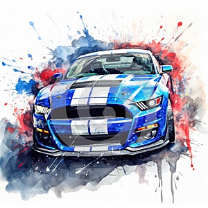Blue and White Mustang Car Painted in Watercolor