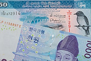 A blue and white one thousand won bill from Korea paired with a blue and white fifty rupee bank note from Sri Lanka.