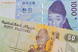 A blue and white one thousand won bill from Korea paired with a green and yellow fifty piastre note from Egypt.