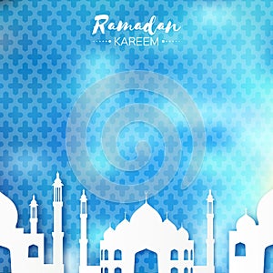 Blue White Origami Mosque Ramadan Kareem Greeting card with arabic arabesque pattern.