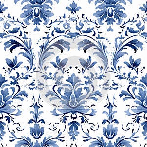 Blue And White Ornate Floral Pattern With Baroque-inspired Details