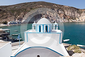 Blue White orthodox church at Firopotamos, Milos island, Cyclades, Greece