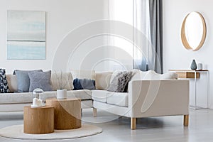 Blue and white painting and mirror in wooden frame in elegant living room interior with corner sofa and coffee table