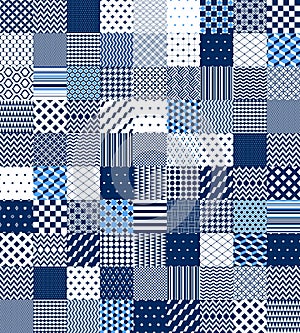 Blue and white patchwork quilted geometric seamless pattern, vector set