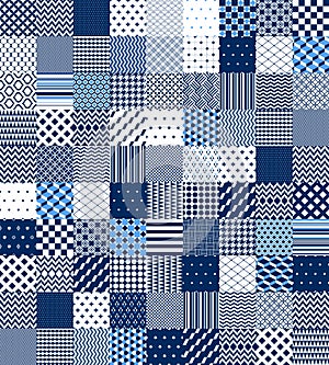 Blue and white patchwork quilted geometric seamless pattern, vector set photo