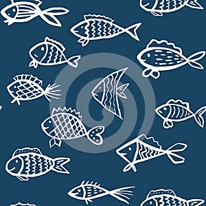 Blue and white pattern with hand drawn fishes. Creative o