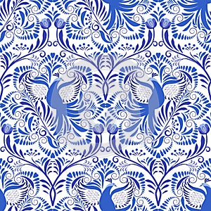 Blue and white pattern seamless with flowers and birds. Background Based on the national painting on porcelain.