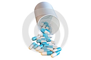 Blue and white Pills spilling out of pill bottle Isolated On white Background