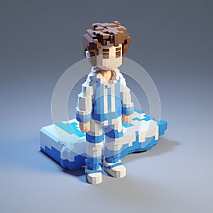 Blue And White Pixelated Voxel Art Figure Lying On Bed