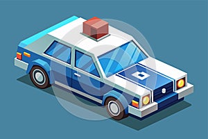 A blue and white police car parked with a red brick on top of it, Police car Customizable Isometric Illustration