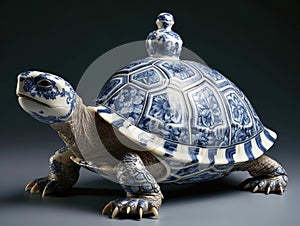 Blue and white porcelain tortoise figure on white background