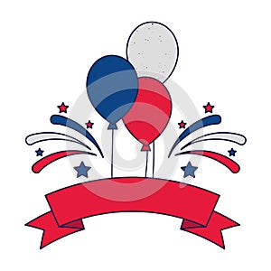 Blue white and red balloons with ribbon and fireworks vector design