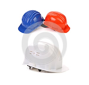 Blue white red hard hats