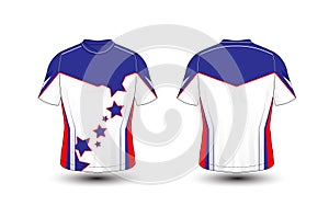 Blue, white and red layout sport t-shirt, kits, jersey, shirt design template. photo