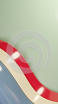 Blue, white and red shiny curve shapes on beige background. Abstract 3D design.