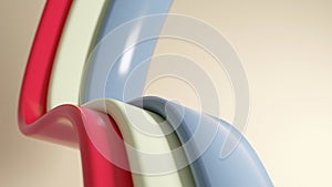 Blue, white and red shiny curves on ivory background. Abstract 3D design.