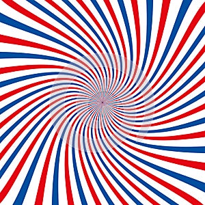 Blue white and red stripes spiral sunburst. Vector background.