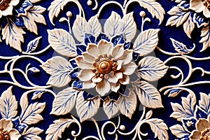 Blue white retro vintage arabesque wallpaper wall texture background floral flowers leaves print