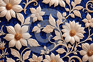 Blue white retro vintage arabesque wallpaper wall texture background floral flowers leaves print