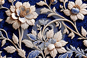 Blue white retro vintage arabesque wallpaper wall texture background floral flowers leaves print