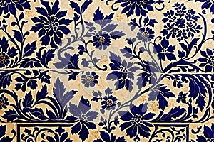 Blue white retro vintage arabesque wallpaper wall texture background floral flowers leaves print