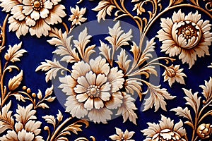 Blue white retro vintage arabesque wallpaper wall texture background floral flowers leaves print