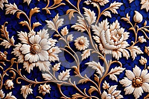 Blue white retro vintage arabesque wallpaper wall texture background floral flowers leaves print