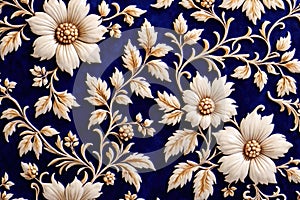 Blue white retro vintage arabesque wallpaper wall texture background floral flowers leaves print