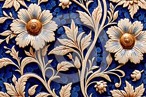 Blue white retro vintage arabesque wallpaper wall texture background floral flowers leaves print