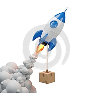 Blue and White Rocket Launching with Cargo Box and Smoke Trail on White Background