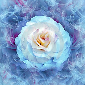 A  blue white rose flower on blue  floral background.  Rose petals around the flower.  Flower in curls of smoke.