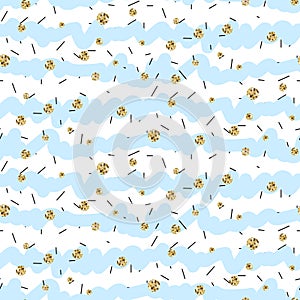 Blue and white ruffle stripe seamless pattern with golden shimmer polka dots.