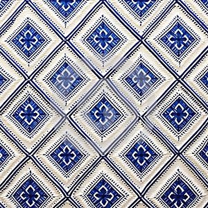Blue And White Ruga Pattern With Hand-painted Geometrics