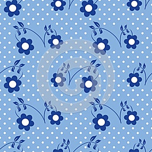 Blue white seamless background with flowers. Polka dots pattern.