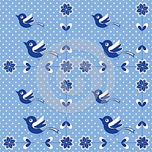 Blue and white seamless pattern with birds and flowers.Background for kids for print.