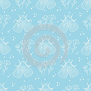 Blue and white seamless pattern with moths and butterflies.