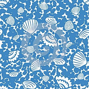 Blue and white seashells on a textured background seamless vector pattern