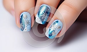 Blue and White Snowflake Manicure on a Woman\'s Hand