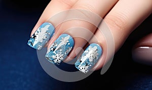 Blue and White Snowflake Manicure on a Woman\'s Hand