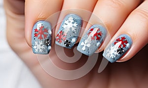 Blue and White Snowflake Manicure on a Woman\'s Hand