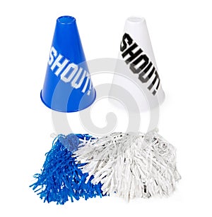 Blue and white sporting event pom-poms and cones photo