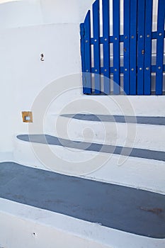 Blue and white stairs, architectural detail in Oia, Santorini, Greece