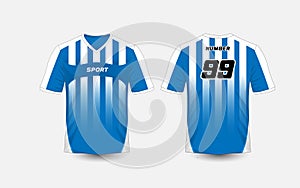 Blue and White stripe pattern sport football kits, jersey, t-shirt design template