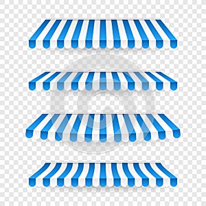 Blue and white sunshade. Outdoor awnings for cafe and shop window isolated vector set. Tent sunshade for market, stripe