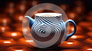 A blue and white tea pot sitting on top of a table, AI