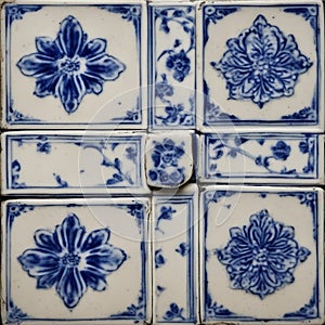 blue and white tiles A ceramic texture of a Japanese porcelain tile panel dated 1875 with a cobalt blue color and a china