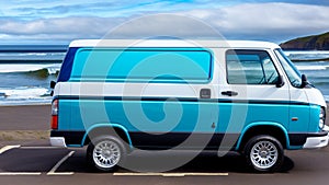 Blue and white tourist van parked on the seashore with aluminum rims